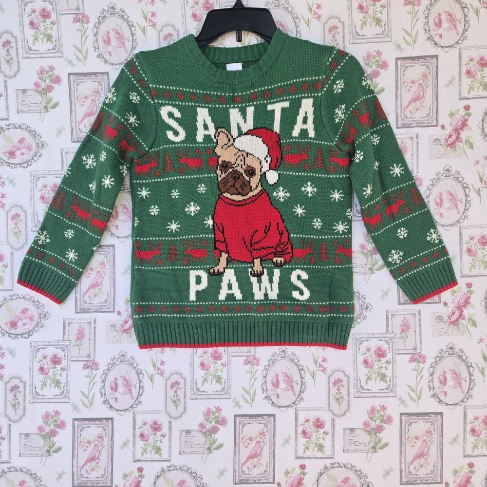 Holiday Time Boys Santa Paws Pug Dog Ugly Christmas Sweater Green Youth Size 8